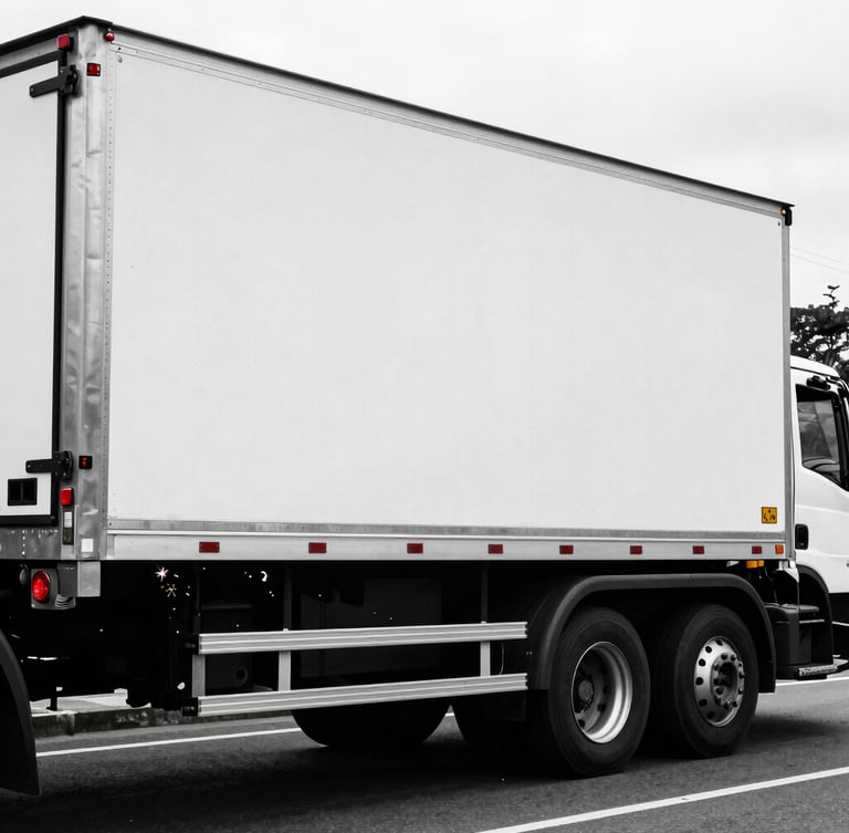 High-contrast industrial photo of a heavy-duty white refrigerated truck body with steel reinforcements, parked on a Colombian highway at daylight, 35mm