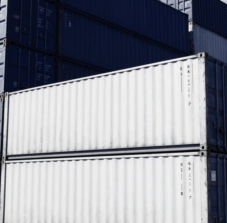Wide-angle architectural high-contrast duotone shot of cargo containers stacked at Port Klang terminal, stark white lines, deep navy blue shadows, 35mm.