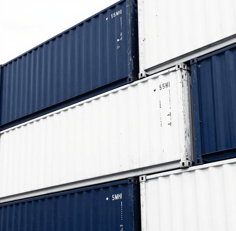 High-contrast duotone photograph of stacked shipping containers in Port Klang, sharp architectural angles, deep navy blue and stark white tones, 35mm