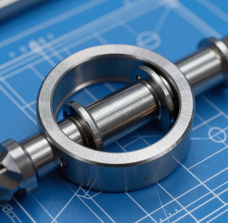 Extreme close-up of a high-precision metal retaining ring mounted on a steel shaft, visible tool marks and crisp metallic edges, cool blue studio lighting, technical blueprint lines overlaid