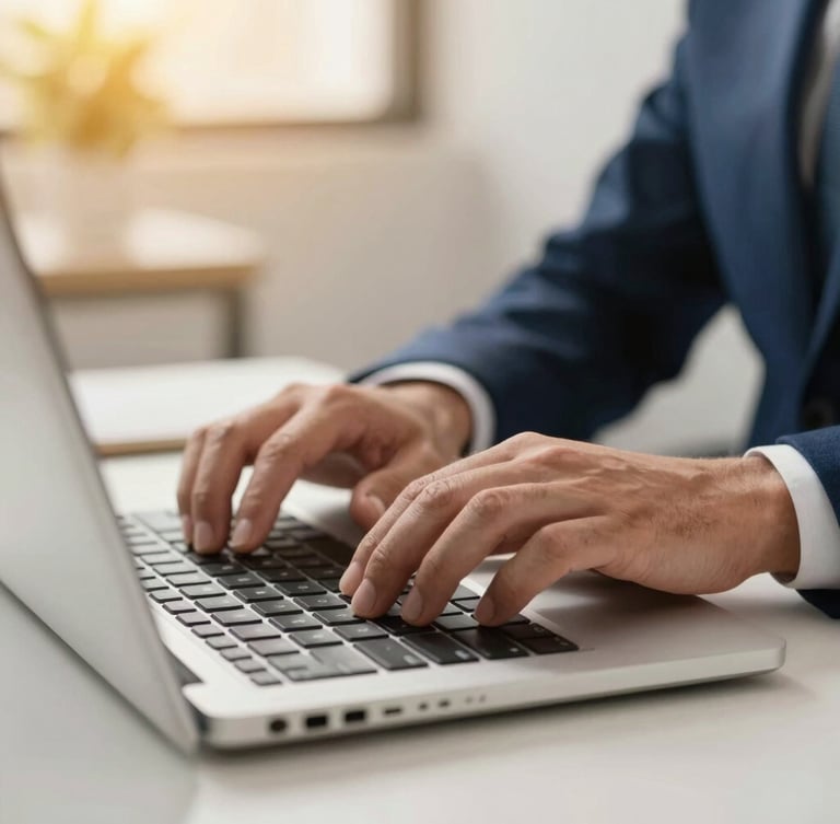 Close-up of professional hands typing on a modern keyboard in a clean corporate workspace, warm gold ambient lighting, sharp focus, professional photography.