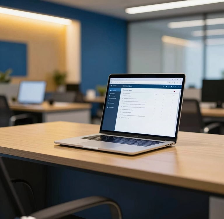 A modern professional office desk in Ampang, Selangor, sharp focus on a laptop displaying a clean customer support dashboard, warm gold and cool blue ambient lighting, corporate atmosphere