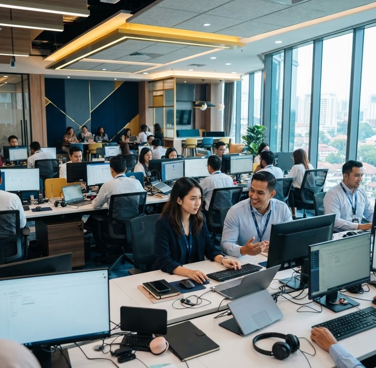 A bright, modern corporate office interior in Ampang with professional support agents working on clean desk setups, cool blue and warm gold ambient lighting, 35mm lens.