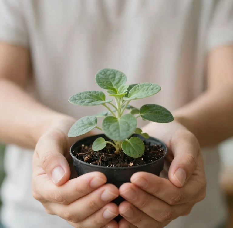 Soft-focus image of hands gently holding a small potted herb plant, diffused natural light, warm editorial photography, close-up macro.