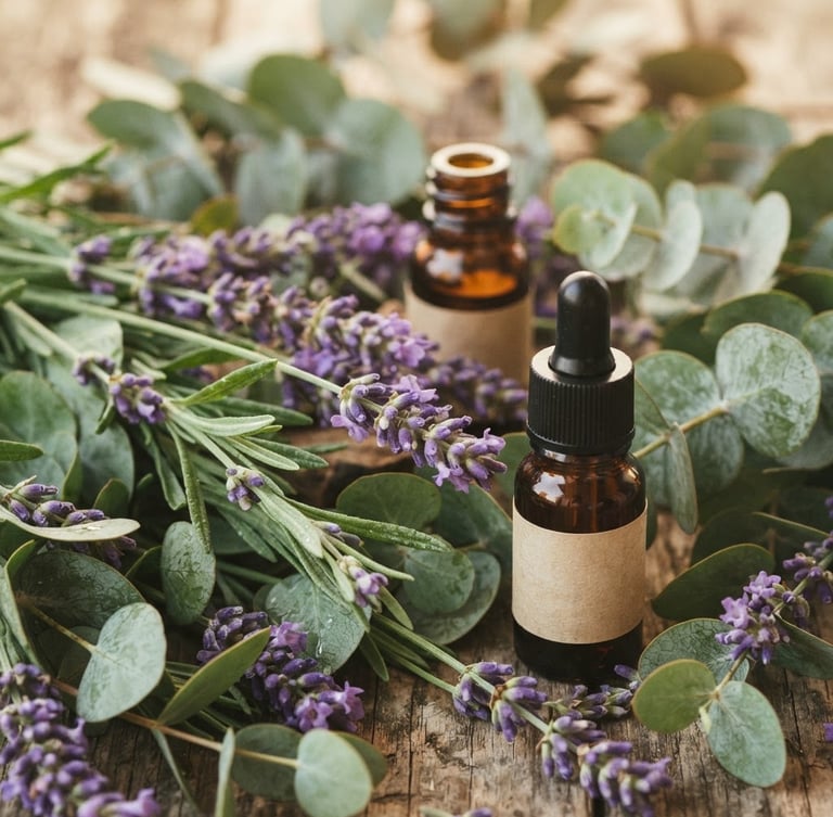Close-up of fresh lavender sprigs and eucalyptus leaves with amber essential oil bottles, soft diffused daylight, shallow depth of field, warm editorial photography.