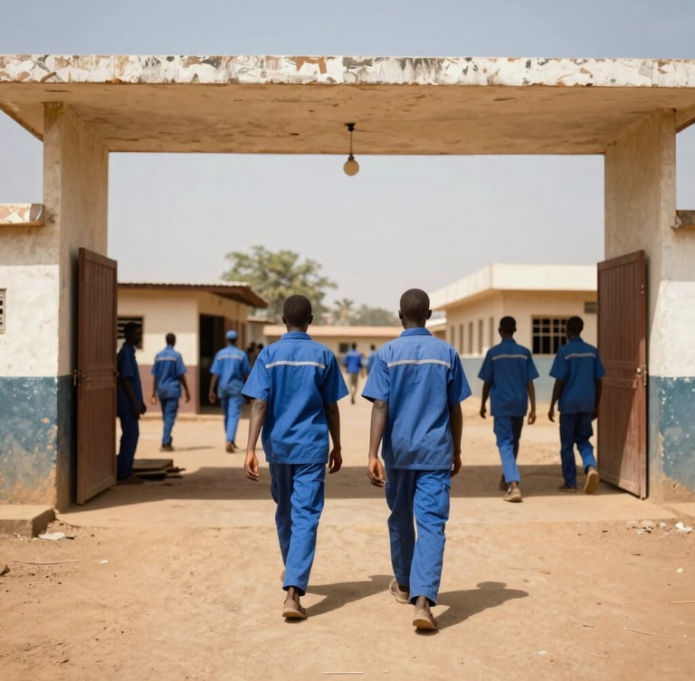 Warm documentary photography of the CFP Ourossogui campus entrance under bright Sahelian daylight, students in blue workwear walking towards workshops, 35mm