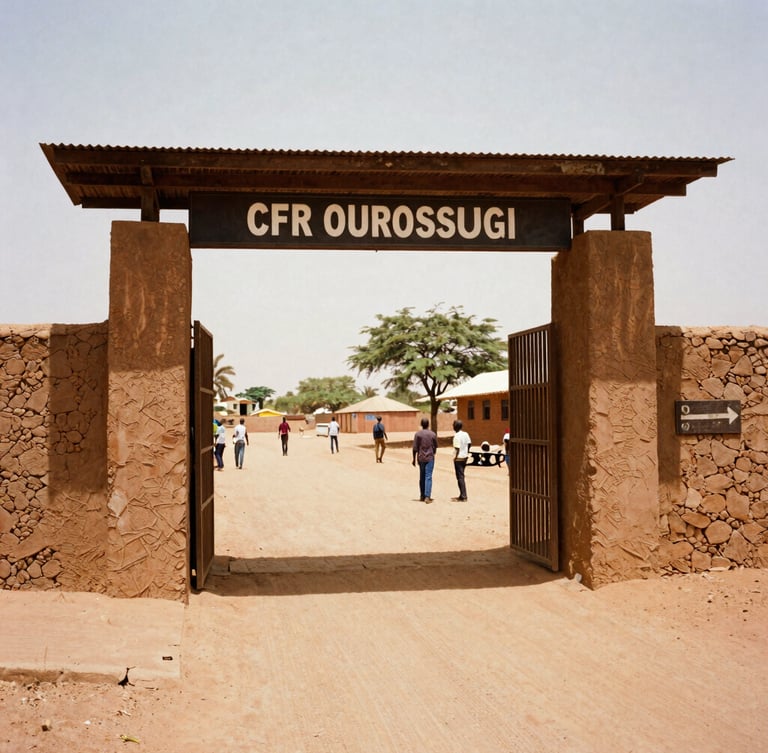 Warm documentary photography of the CFP Ourossogui main entrance, bright natural Sahelian daylight, rich earth tones, authentic vocational training setting, 35mm