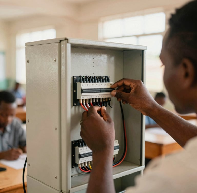 Close-up of hands adjusting electrical wiring on a control panel inside a bright classroom, warm natural daylight, professional training setting