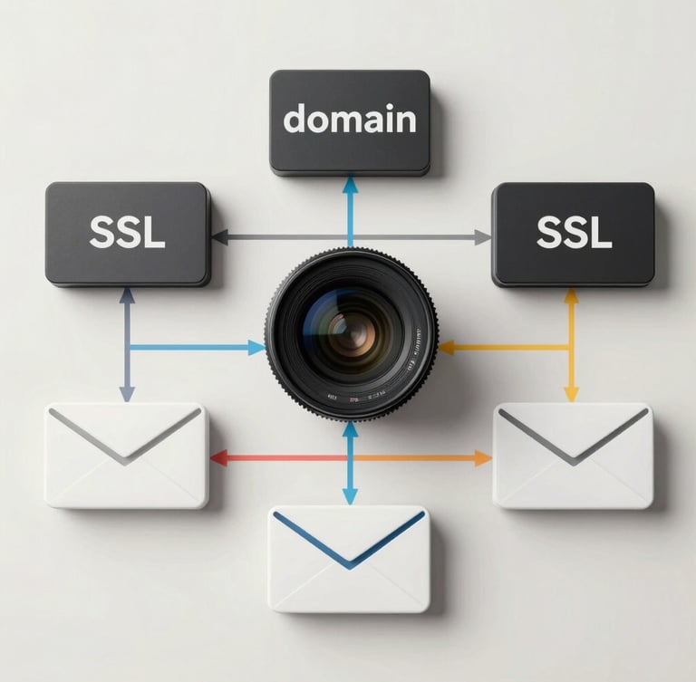 Structured flat-lay diagram of web infrastructure, showing domain, SSL, hosting, and email interconnected by clean slate-colored grid lines on a light background