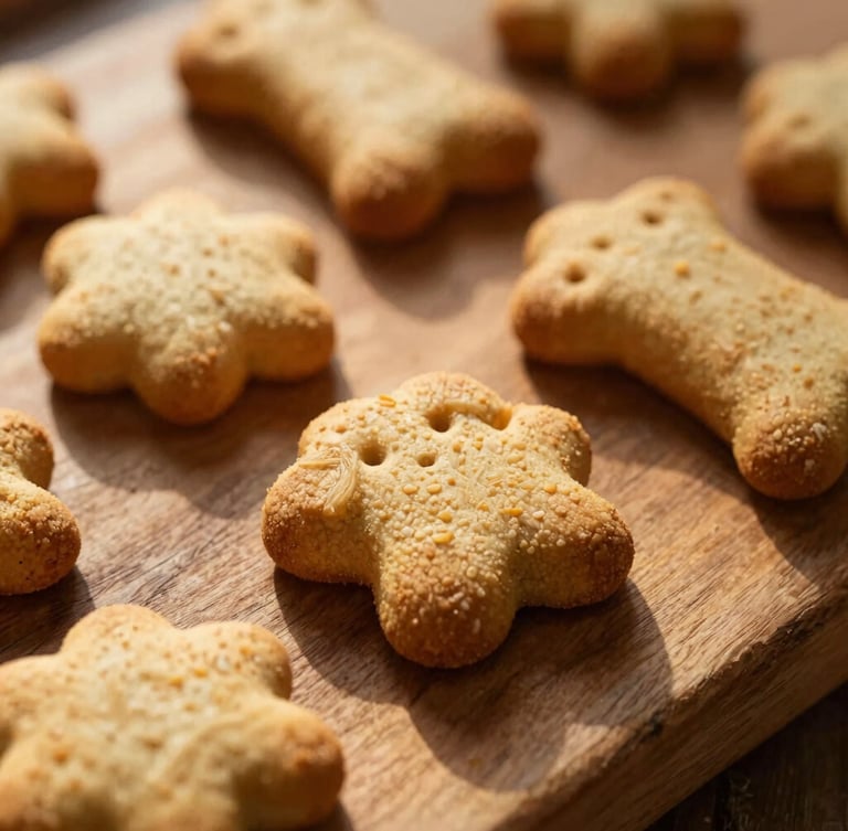 Close-up of fresh organic dog biscuits arranged on a rustic wooden board, warm golden-hour sunlight, soft shadows, shallow depth of field.