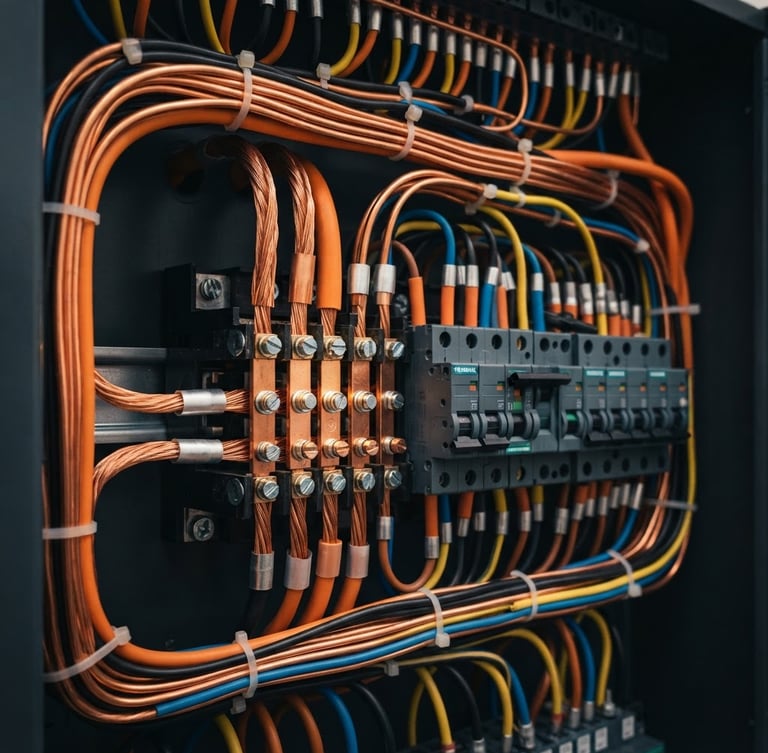 Macro detail shot of perfectly routed copper wiring inside a modern consumer unit, warm work-light illumination, deep charcoal background.