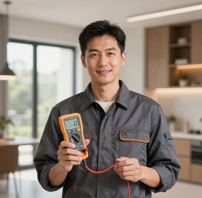 Authentic unposed portrait of a professional electrician in a clean charcoal work shirt, holding a digital multimeter, natural daylight, modern residential setting.