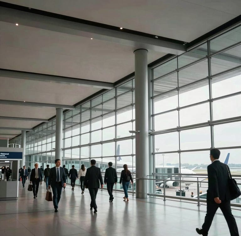 Wide architectural view of a modern airport terminal with sleek steel beams and glass, soft natural light, focused executives walking in the background.