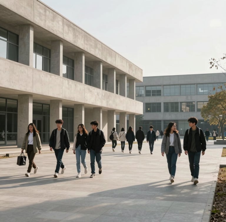 Wide environmental portrait of a modern university campus plaza with clean concrete architectural lines, students walking in an organized group under crisp morning light.