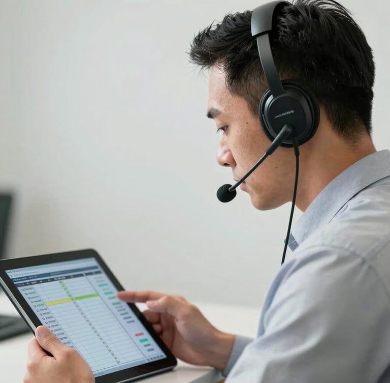Close-up of a professional coordinator with a headset looking at a digital tablet displaying flight coordinates, clean studio lighting, corporate attire