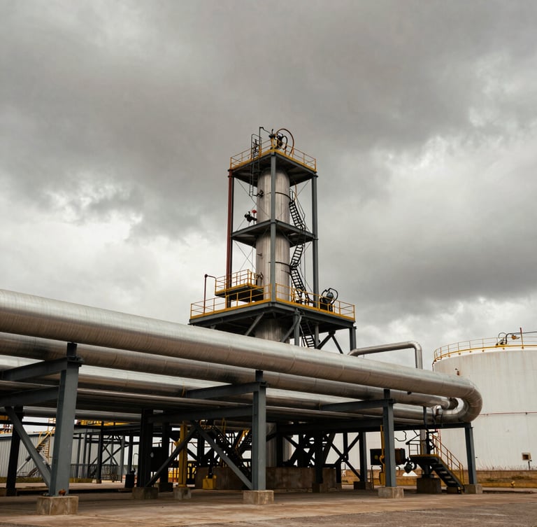 Industrial fuel terminal with massive steel pipes and storage tanks under dramatic overcast sky, desaturated steel and amber tones