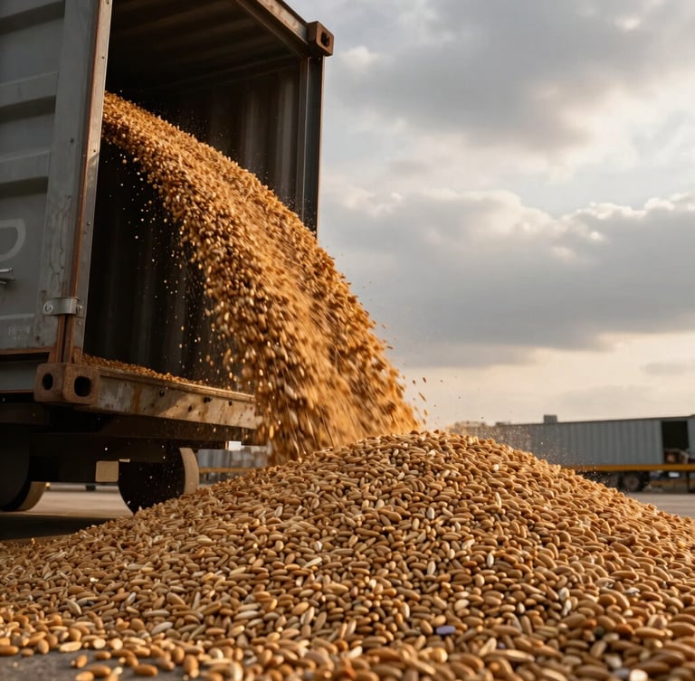 Extreme close-up of bulk grain pouring into a cargo container, dramatic overcast daylight, industrial golden hour, amber tones