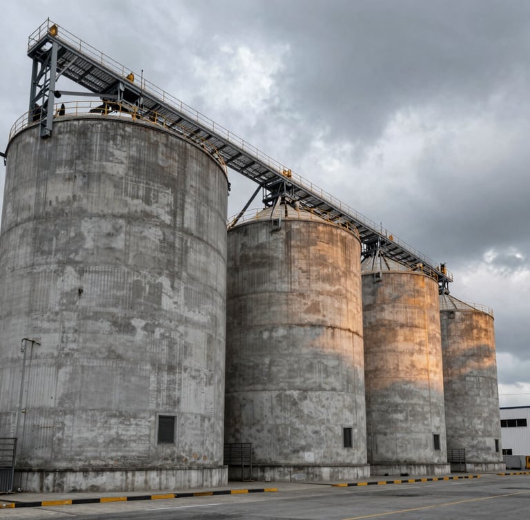 Wide-angle environmental shot of massive concrete bulk grain silos at an industrial shipping port under dramatic overcast daylight, desaturated steel tones with sharp amber accents.