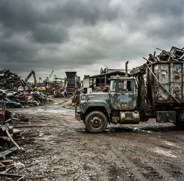 Wide panoramic shot of a heavy-duty industrial roll-off truck, parked in a scrap yard under overcast Pennsylvania daylight, high contrast, dramatic shadows, raw metal textures visible, truck facing right, generous negative space on the left.