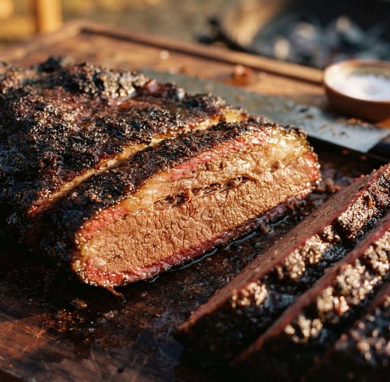 Close-up of a perfectly smoked brisket, deep smoke ring visible, glistening bark, natural golden-hour sunlight, shallow depth of field, 35mm