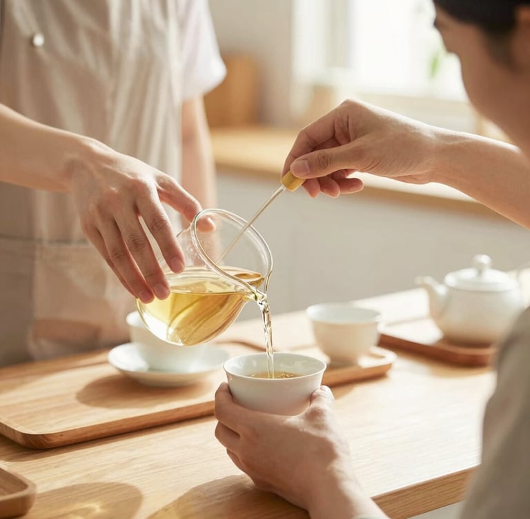 A caregiver and client preparing tea together in a sunlit kitchen, warm natural light, close-up on hands pouring water, soft focus