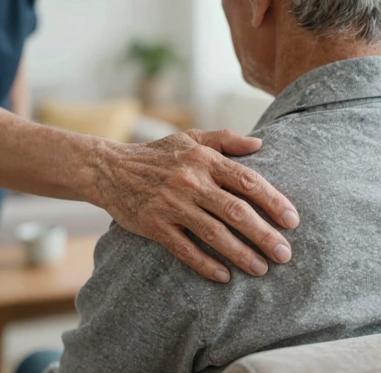 A close-up of a caregiver's hand resting reassuringly on an older adult's shoulder in a comfortable living room, soft natural lighting, shallow depth of field.