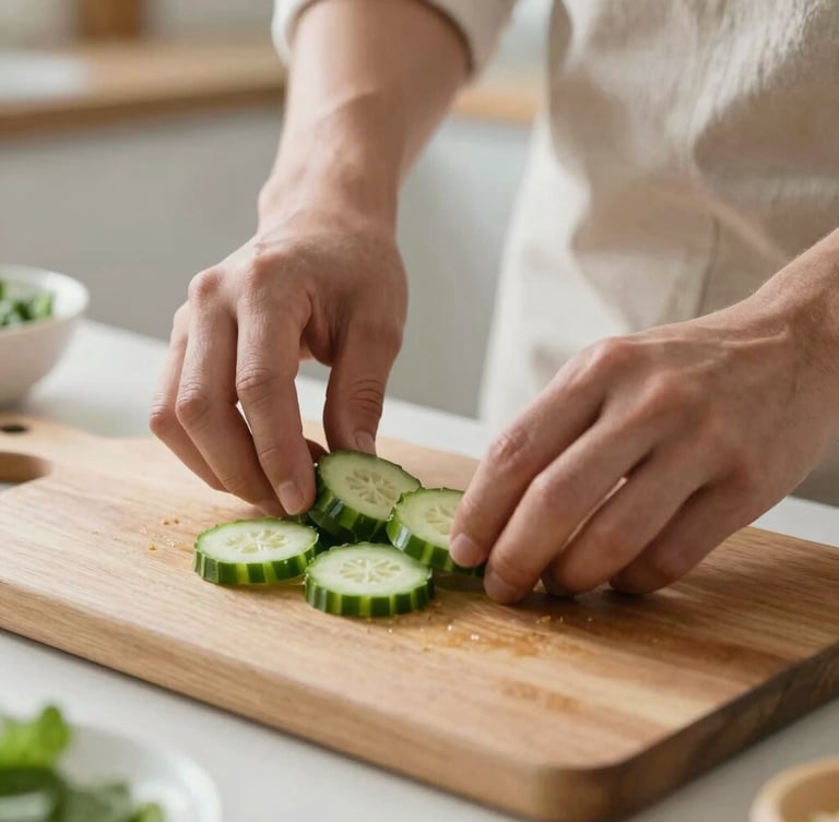 Close-up of a caregiver's hands gently preparing fresh ingredients on a wooden cutting board, soft natural light, clean and inviting domestic kitchen.