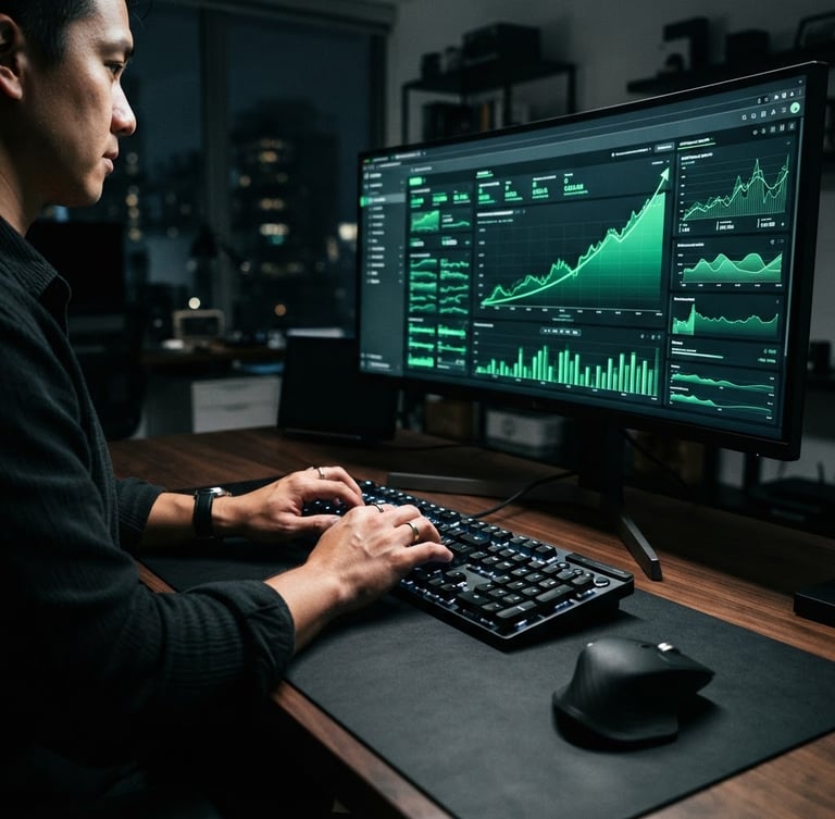 High-contrast editorial photograph of a real-time analytics dashboard showing an upward trend, with hands typing on a keyboard, under studio lighting, electric green accents on screen data. Wide angle.