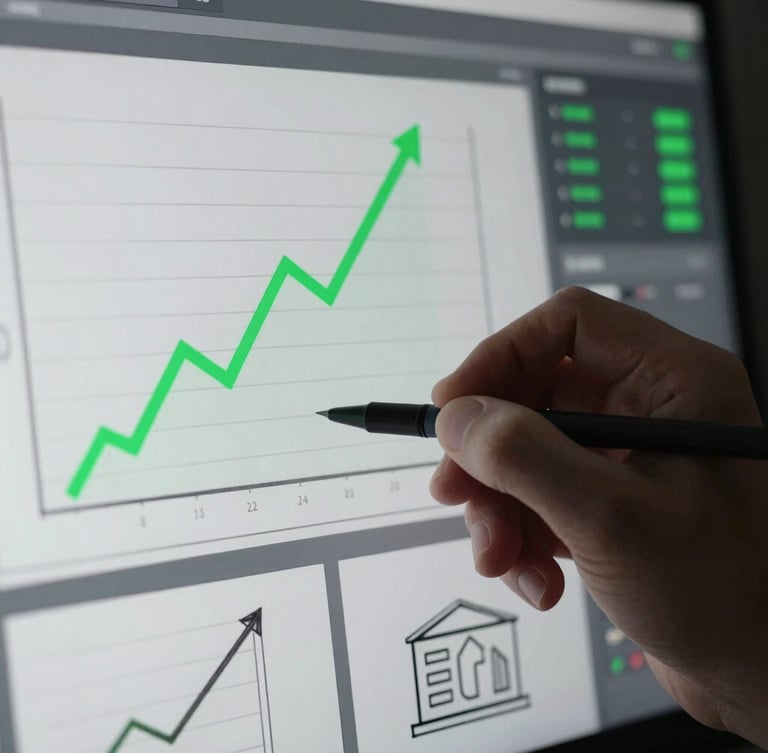 Tight macro shot of a hand sketching a storyboard next to a screen displaying a data dashboard with upward trends, high-contrast studio lighting, cool desaturated tones, electric green accents