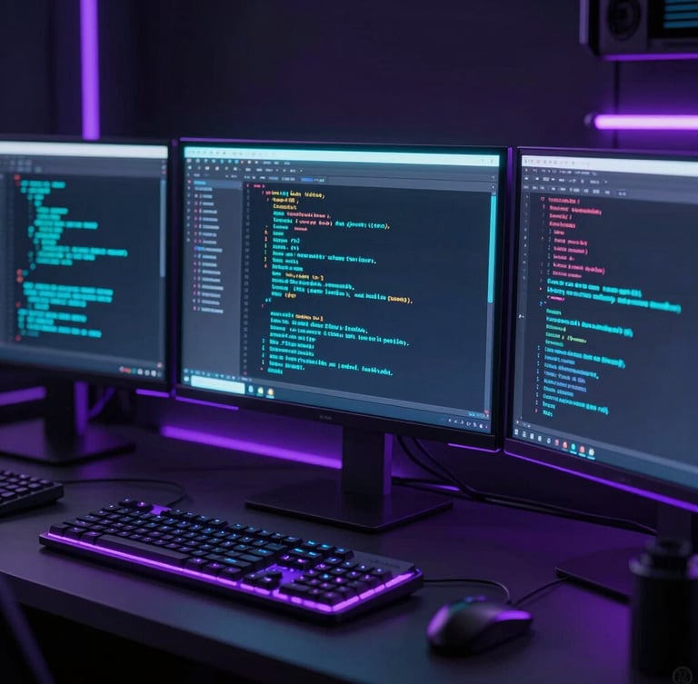 Sleek 3D render of a high-end workspace setup with glowing neon monitors displaying clean code, dark tech aesthetic, electric violet edge glows, low-key dramatic lighting