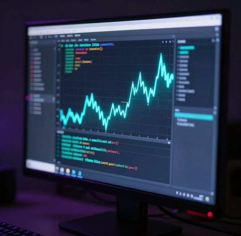 Macro close-up of a high-end glowing monitor displaying dark code and neon cyan analytics graphs, low-key dramatic studio lighting, depth of field