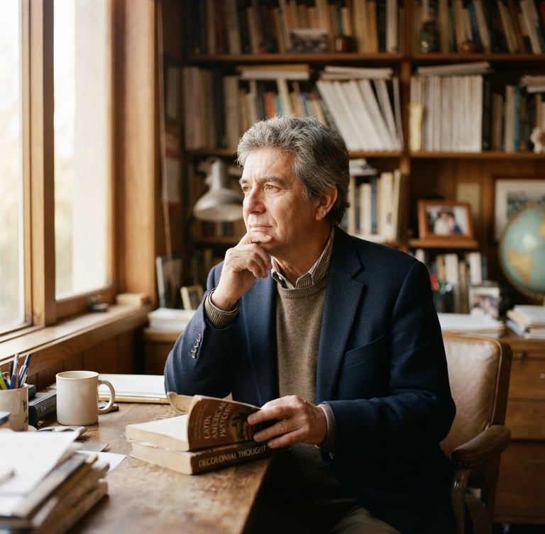 Reflective environmental portrait of Jaime Olavarría, looking thoughtful in a mid-century academic office, warm natural window light, muted earth tones, shallow depth of field, 35mm film look