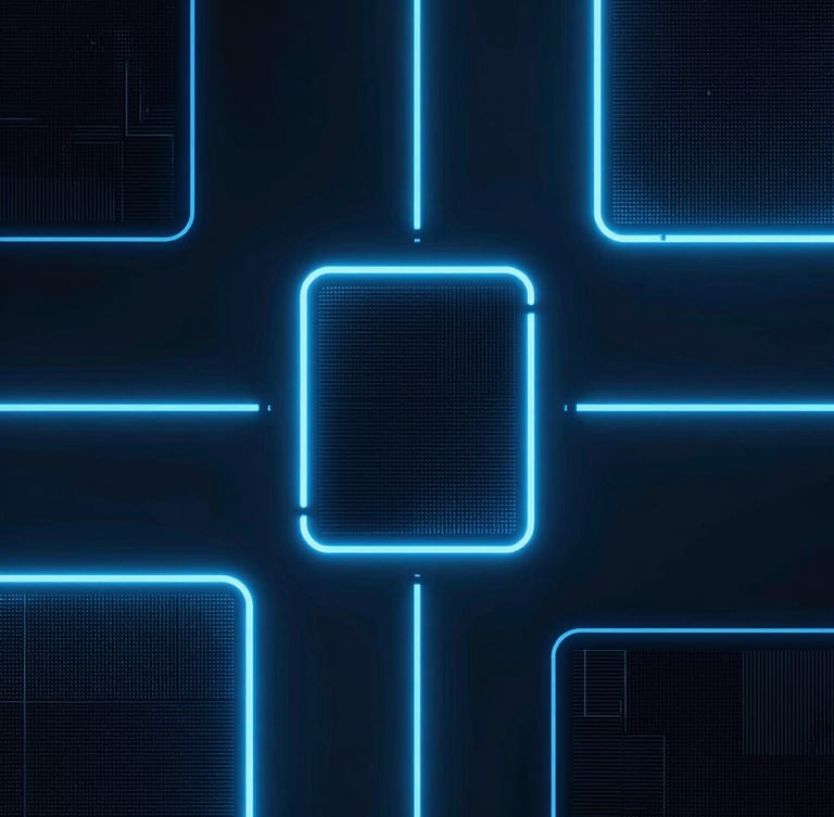 Abstract data visualizations with cool moody studio lighting and sharp electric blue neon glows, high-contrast technical editorial, 35mm