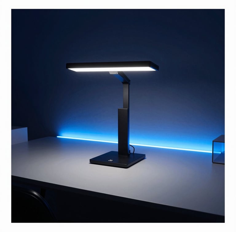 Moody technical photography of clean modern workspace, cool studio lighting with sharp blue ambient glows, 35mm