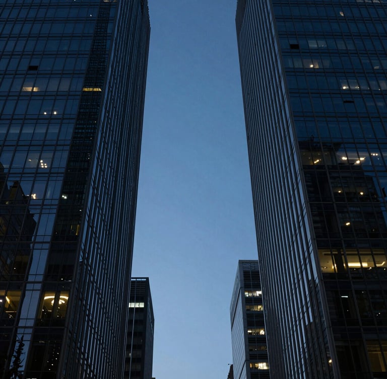 Perfect symmetrical view looking straight up between towering glass skyscrapers, dramatic leading lines, crisp blue hour sky