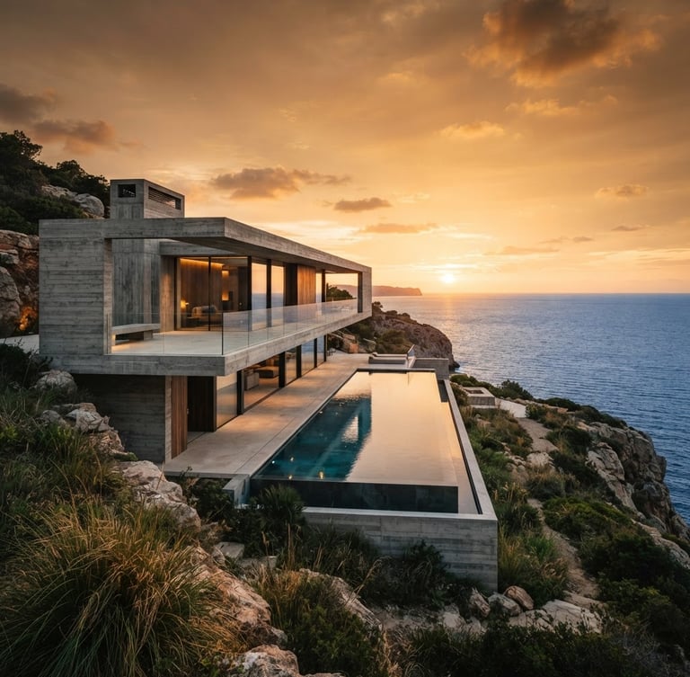 Wide environmental shot of a minimalist concrete luxury villa at golden hour, razor-sharp architectural lines, dramatic contrast, 35mm cinematic lens