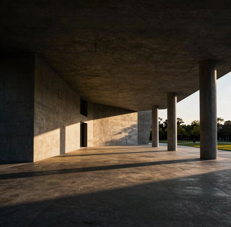 Wide environmental shot of a modern architectural concrete pavilion at golden hour, dramatic shadows, sharp focus, high-contrast cinematic lighting