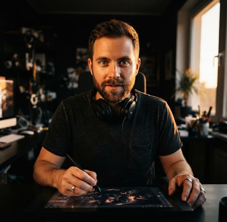 Symmetrical close-up portrait of a male digital artist in a dark studio, dramatic golden hour lighting, sharp focus, 35mm lens