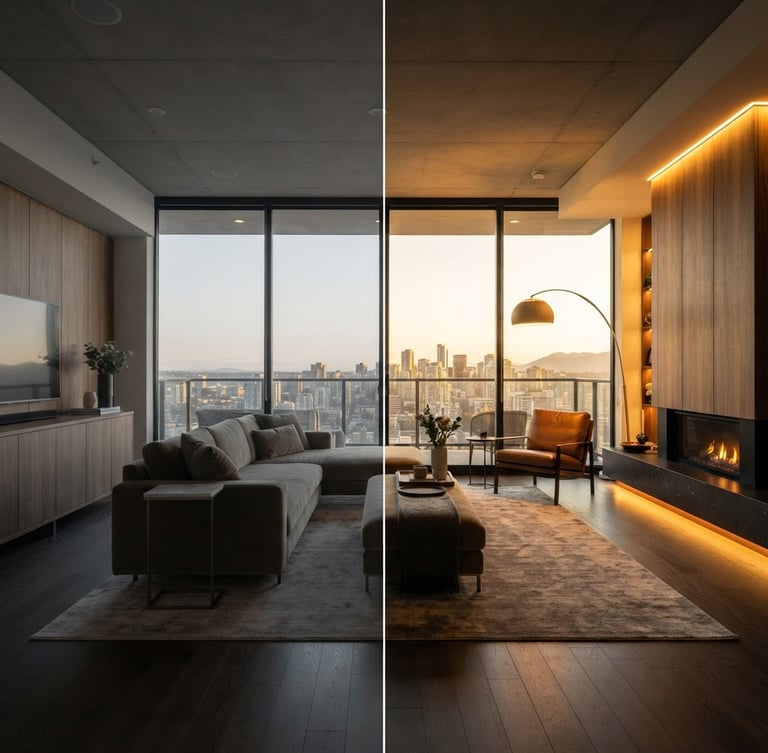 Cinematic architectural editorial photography, dramatic interior lighting. A split-screen view of a luxury modern living room, the left half is an unedited flat RAW file, the right half is a polished, perfectly color-graded golden hour masterpiece with glowing lights, 35mm lens, sharp focus.