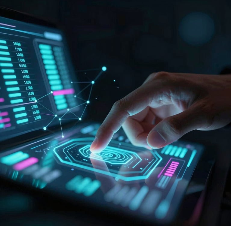 Portrait close-up of hands interacting with a glowing digital interface displaying e-commerce analytics, neon cyan data streams, dark cyber-noir environment, dramatic low-key lighting.