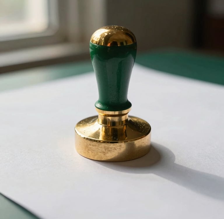 Macro editorial photograph of a gold notary seal being pressed onto crisp high-grade paper, shallow depth of field, warm directional window light, 35mm.
