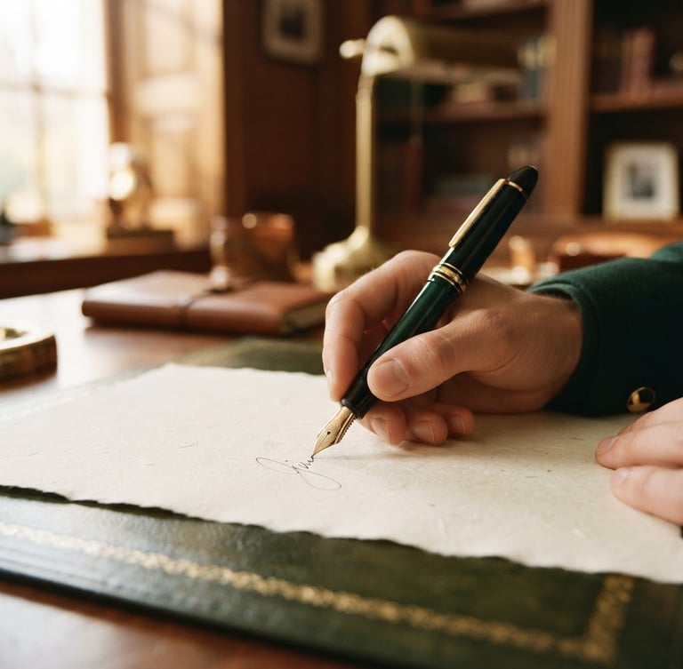 Close-up of a classic fountain pen signing a high-grade textured paper document, warm directional window light, deep forest green accents, shallow depth of field, 35mm