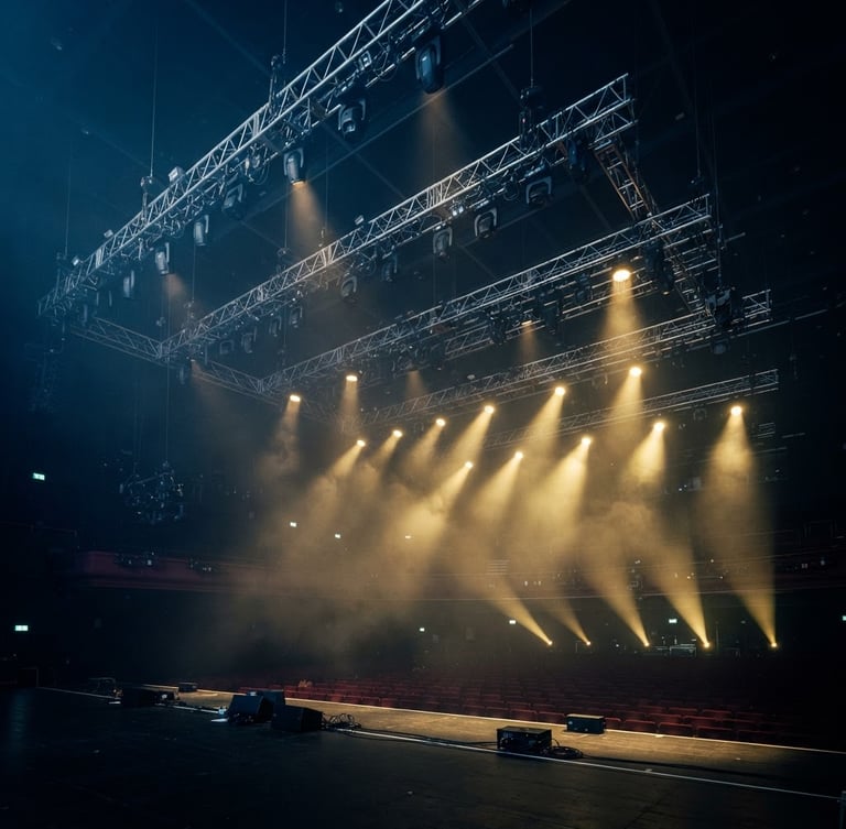 Dramatic wide-angle shot of a massive empty stage lighting rig hanging from steel trusses, golden-hour stage beams cutting through haze, theatrical low-key lighting, 35mm.