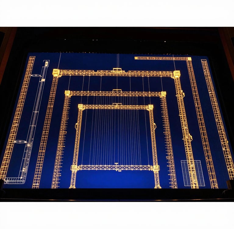 High-contrast technical CAD blueprint of an arena stage rigging layout, glowing amber lines on a deep midnight blue screen, macro details of structural calculations