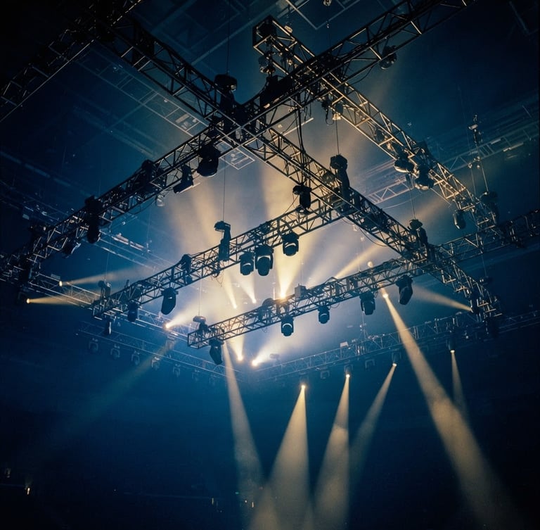 Dramatic wide-angle shot of complex overhead arena truss rigging with golden-hour stage beams slicing through deep blue haze, 35mm theatrical photography