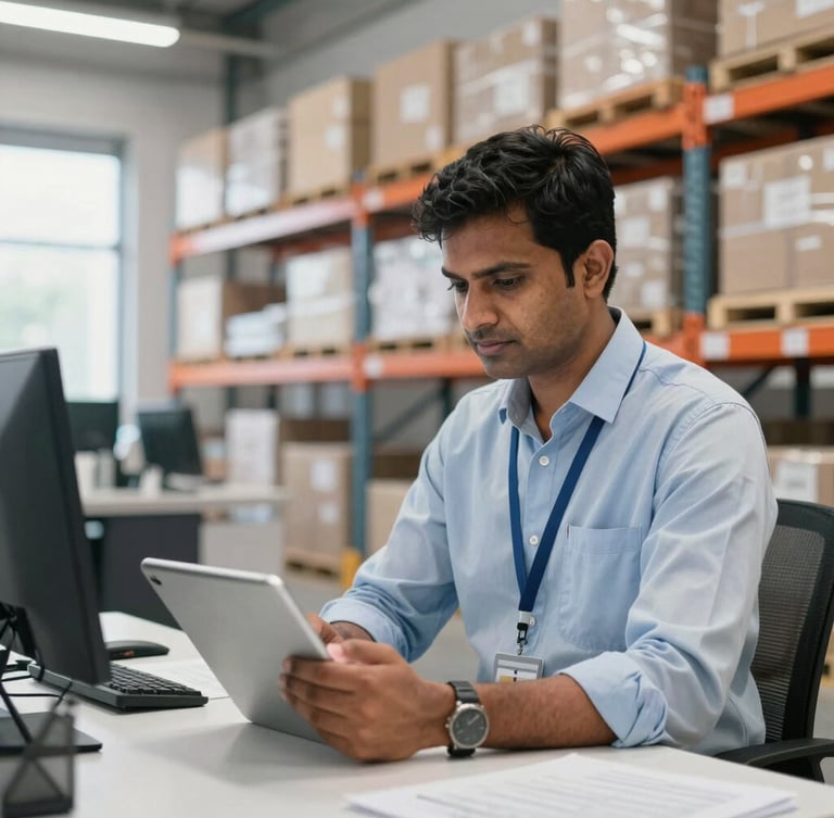 A professional Indian operations manager in a clean, brightly lit modern warehouse office, checking real-time logistics data on a tablet, with organized storage racks visible in the background, authentic editorial style, 35mm lens.