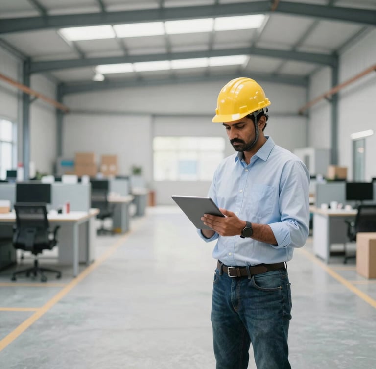 A clean, modern Indian manufacturing warehouse floor, a manager in a hardhat reviewing logistics data on a tablet, bright natural indoor lighting, authentic 35mm photography.