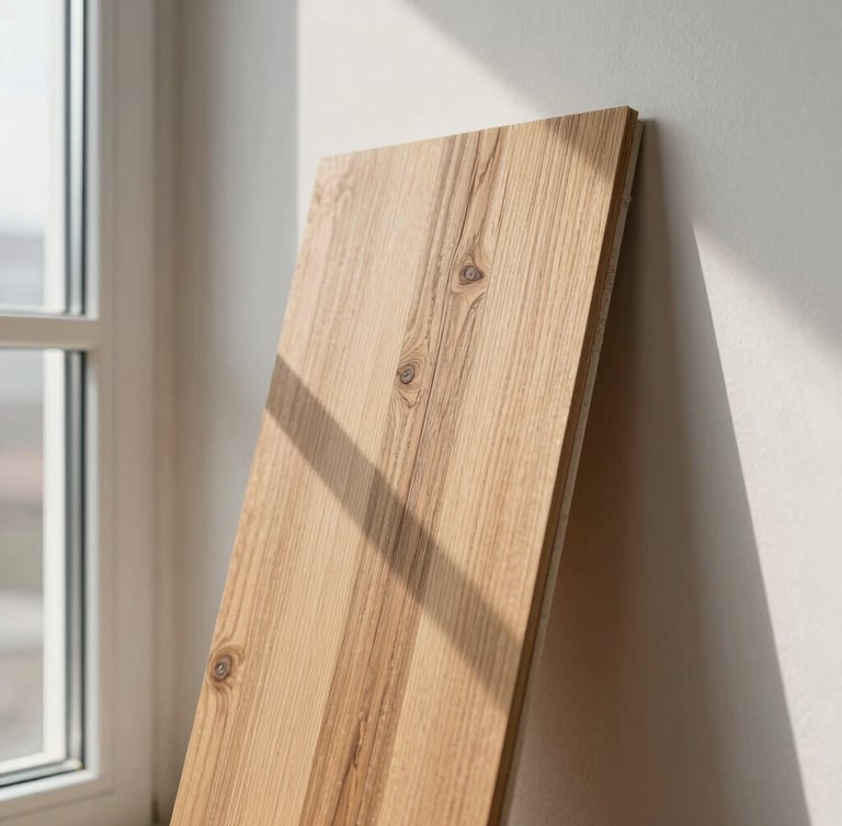 Close-up detail of construction quality, oak swatches resting against a clean plaster wall under bright natural window light.