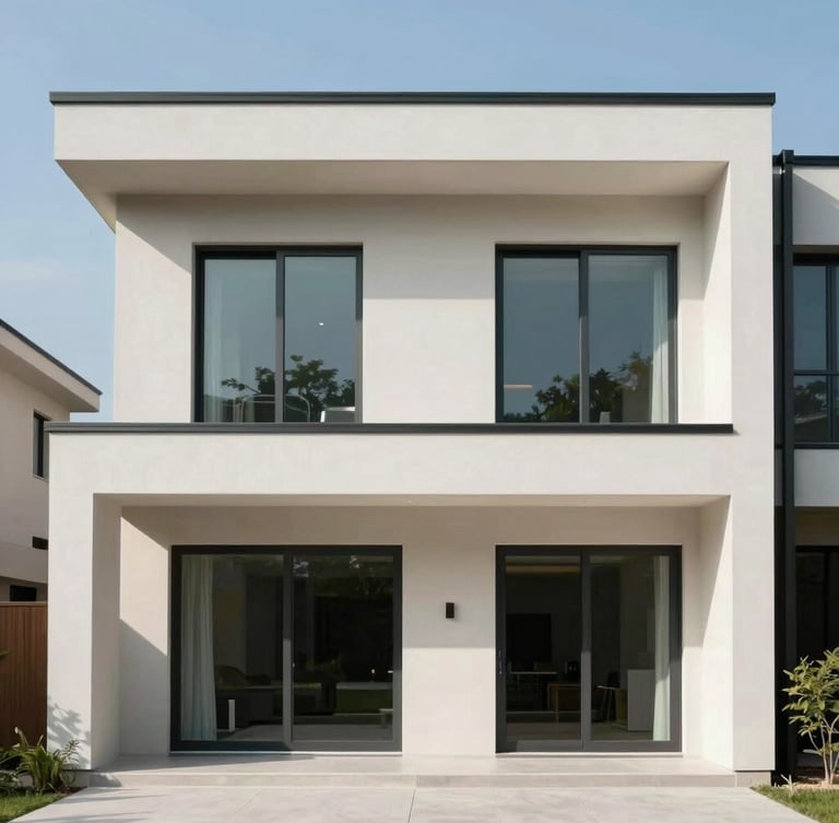 Straight-on architectural elevation of a modern home exterior under bright natural daylight, clean structural lines, negative space on the left