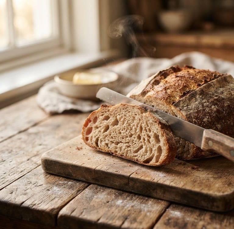 Macro shot of a freshly baked gluten-free bread being sliced, showing a soft, airy crumb with steam rising, warm side window light, rustic wooden table.